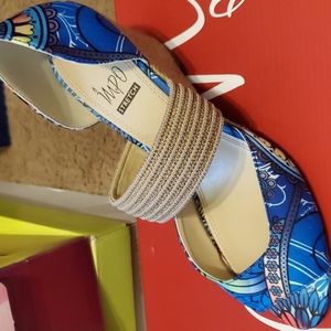 Women blue and tan wedge